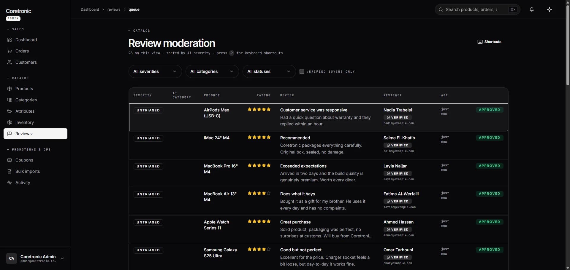 The moderation queue: reviews auto-triaged by severity, human approves