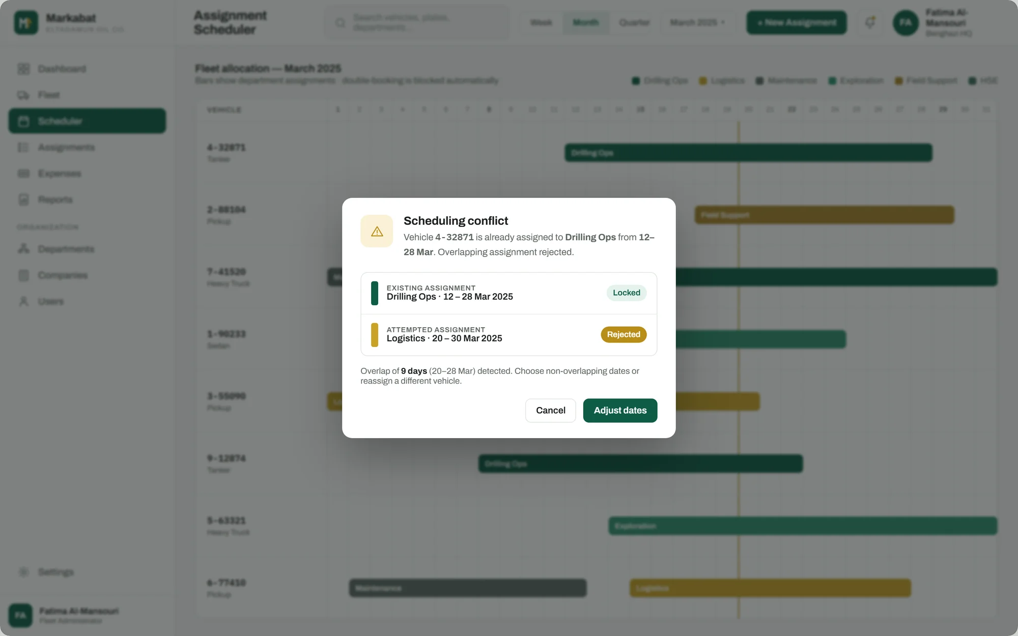 The double-booking engine rejecting an overlapping assignment: 9-day overlap detected